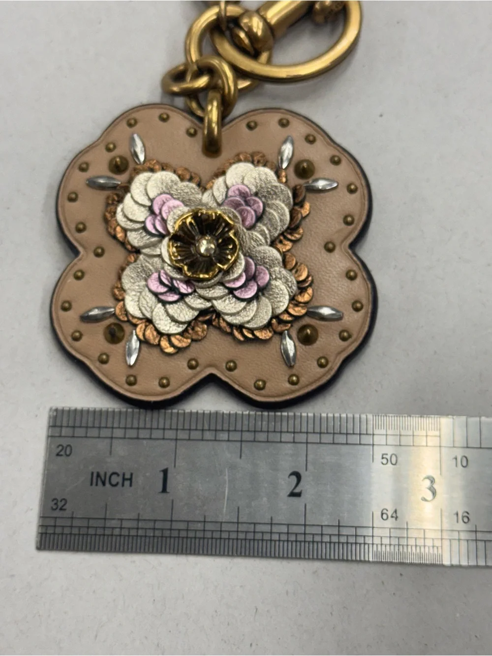 COACH BEECHWOOD LEATHER SEQUINS TEA ROSE BAG CHARM FOB 32677